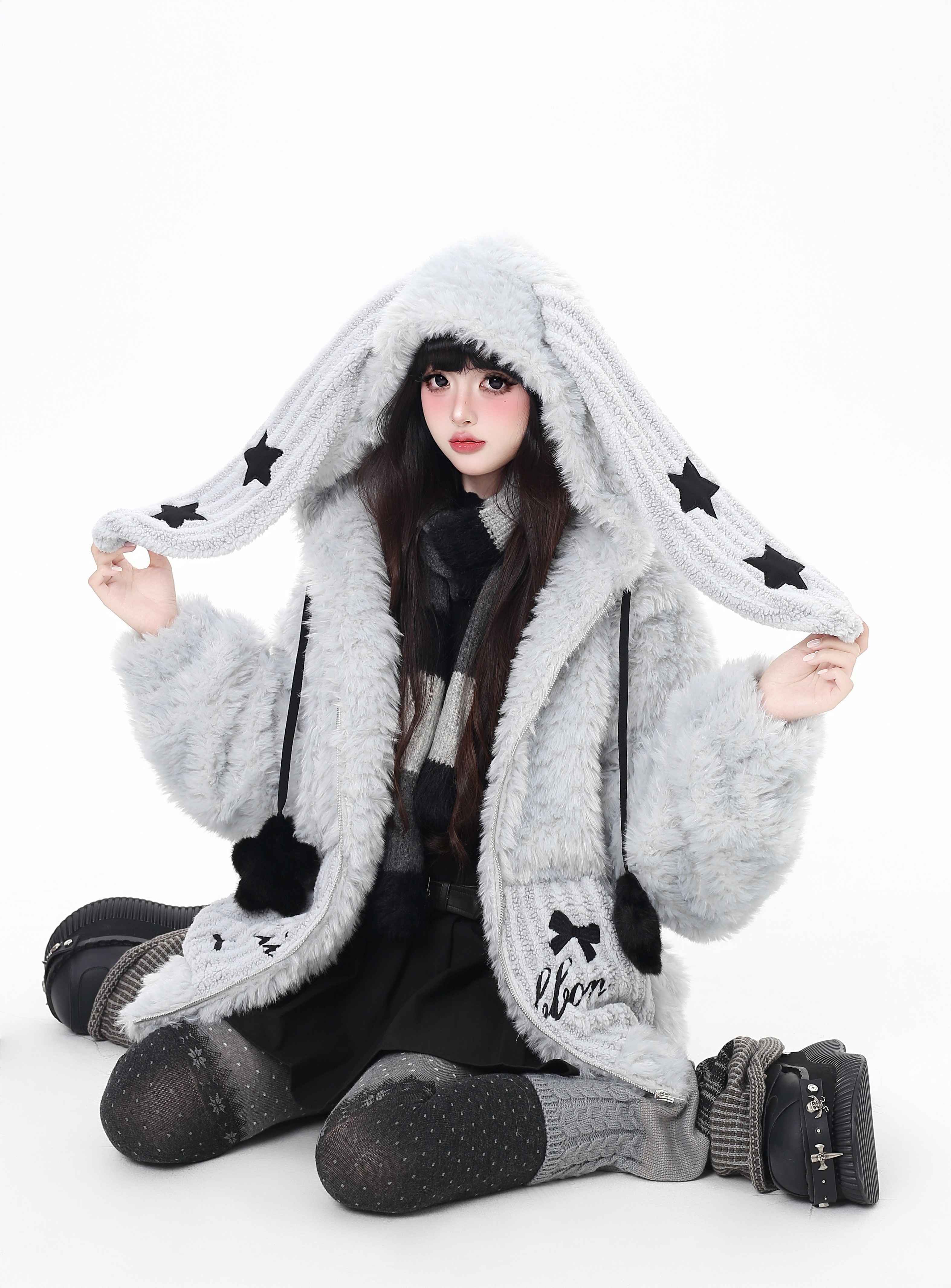 CRAZYGIRL_Rabbit_Ear_Hood_Star_Print_Women's_Lamb_Fleece_Puffer_Jackets_990269940564_MISSTT
