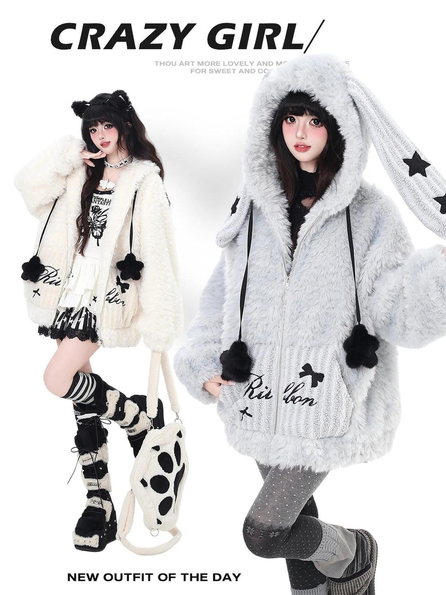 CRAZYGIRL Rabbit Ear Hood Star Print Women's Lamb Fleece Puffer Jackets