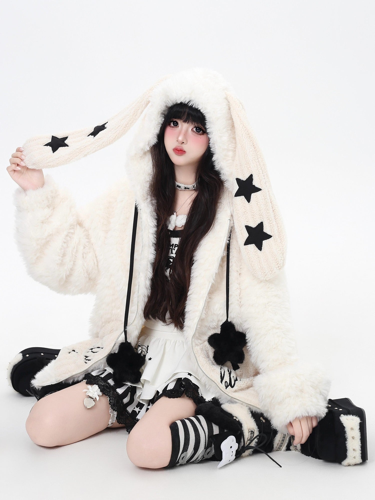 CRAZYGIRL Rabbit Ear Hood Star Print Women's Lamb Fleece Puffer Jackets