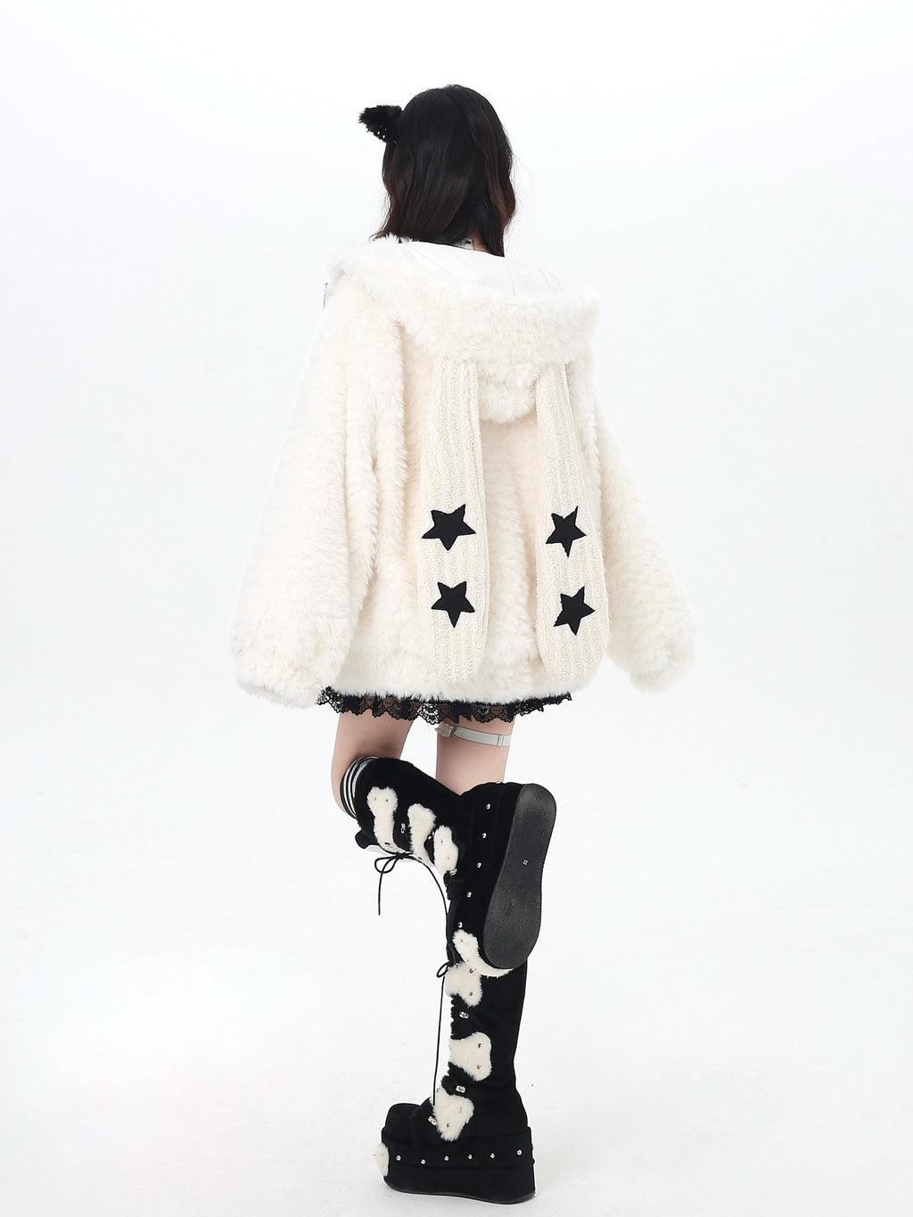 CRAZYGIRL Rabbit Ear Hood Star Print Women's Lamb Fleece Puffer Jackets