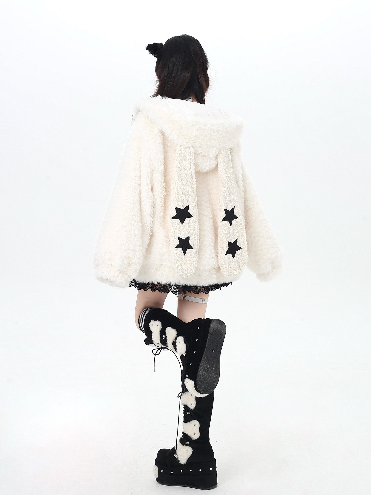 CRAZYGIRL Rabbit Ear Hood Star Print Women's Lamb Fleece Puffer Jackets