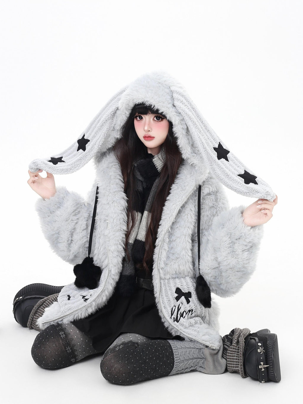 CRAZYGIRL Rabbit Ear Hood Star Print Women's Lamb Fleece Puffer Jackets