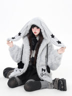 CRAZYGIRL Rabbit Ear Hood Star Print Women's Lamb Fleece Puffer Jackets