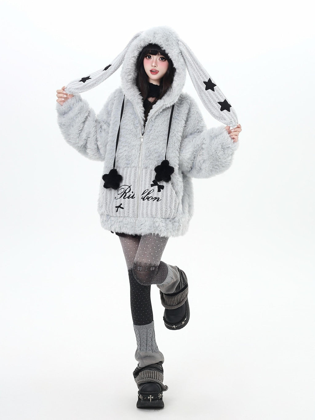 CRAZYGIRL Rabbit Ear Hood Star Print Women's Lamb Fleece Puffer Jackets