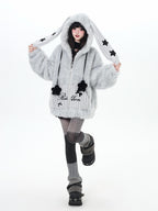 CRAZYGIRL Rabbit Ear Hood Star Print Women's Lamb Fleece Puffer Jackets