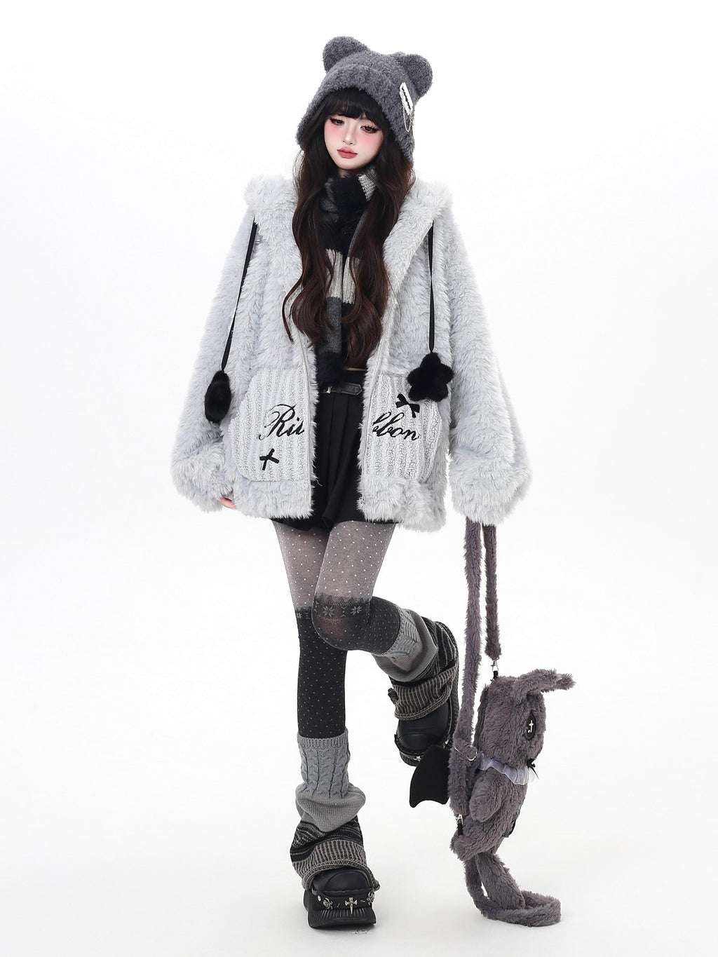 CRAZYGIRL Rabbit Ear Hood Star Print Women's Lamb Fleece Puffer Jackets