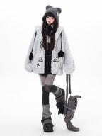CRAZYGIRL Rabbit Ear Hood Star Print Women's Lamb Fleece Puffer Jackets