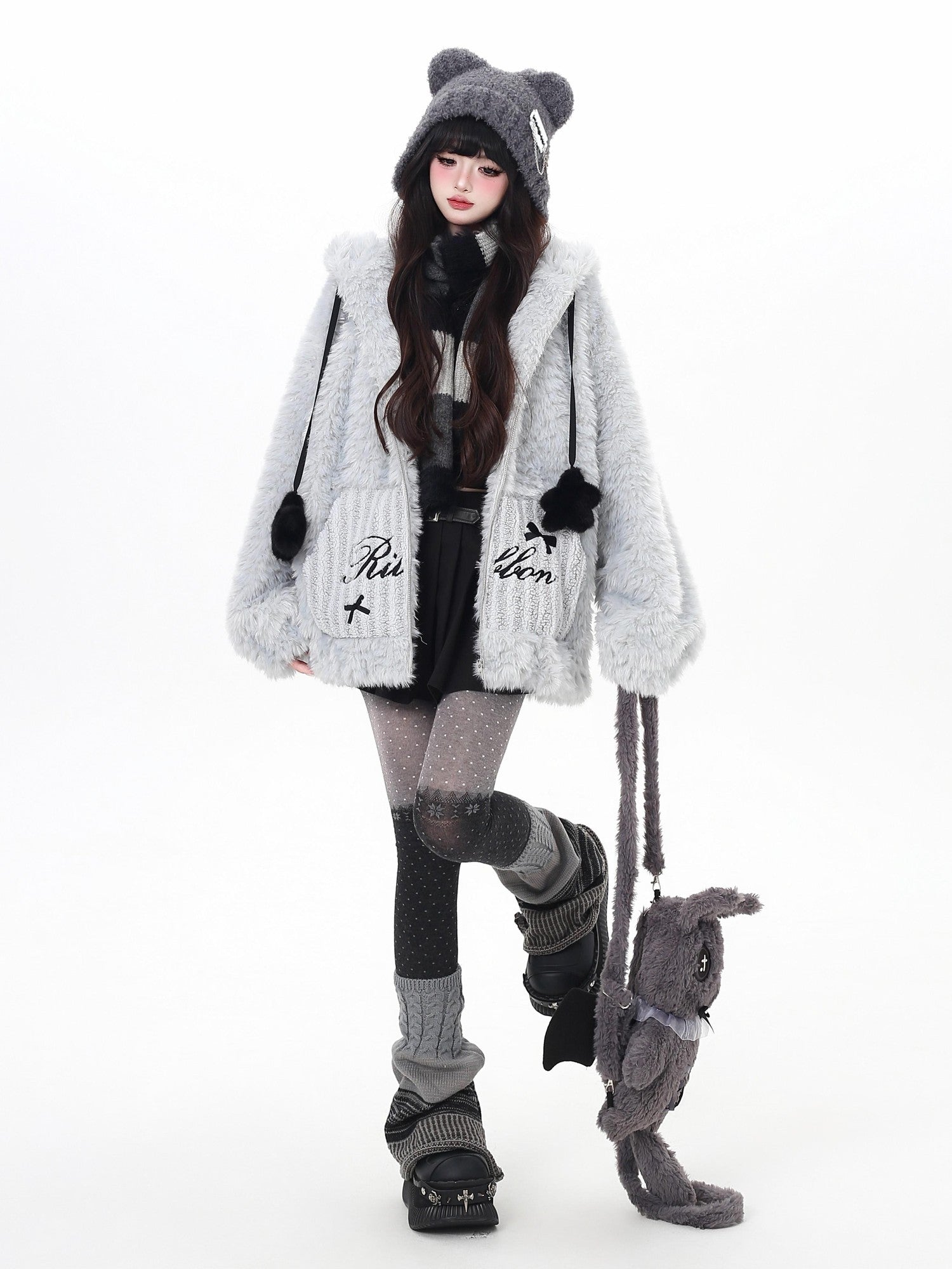 CRAZYGIRL Rabbit Ear Hood Star Print Women's Lamb Fleece Puffer Jackets