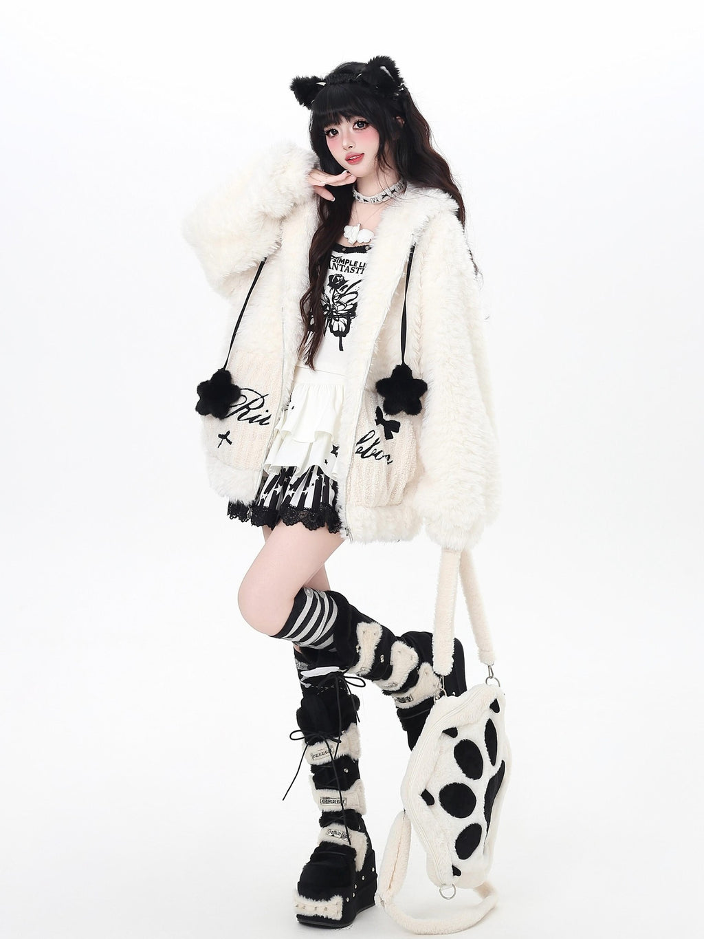 CRAZYGIRL Rabbit Ear Hood Star Print Women's Lamb Fleece Puffer Jackets