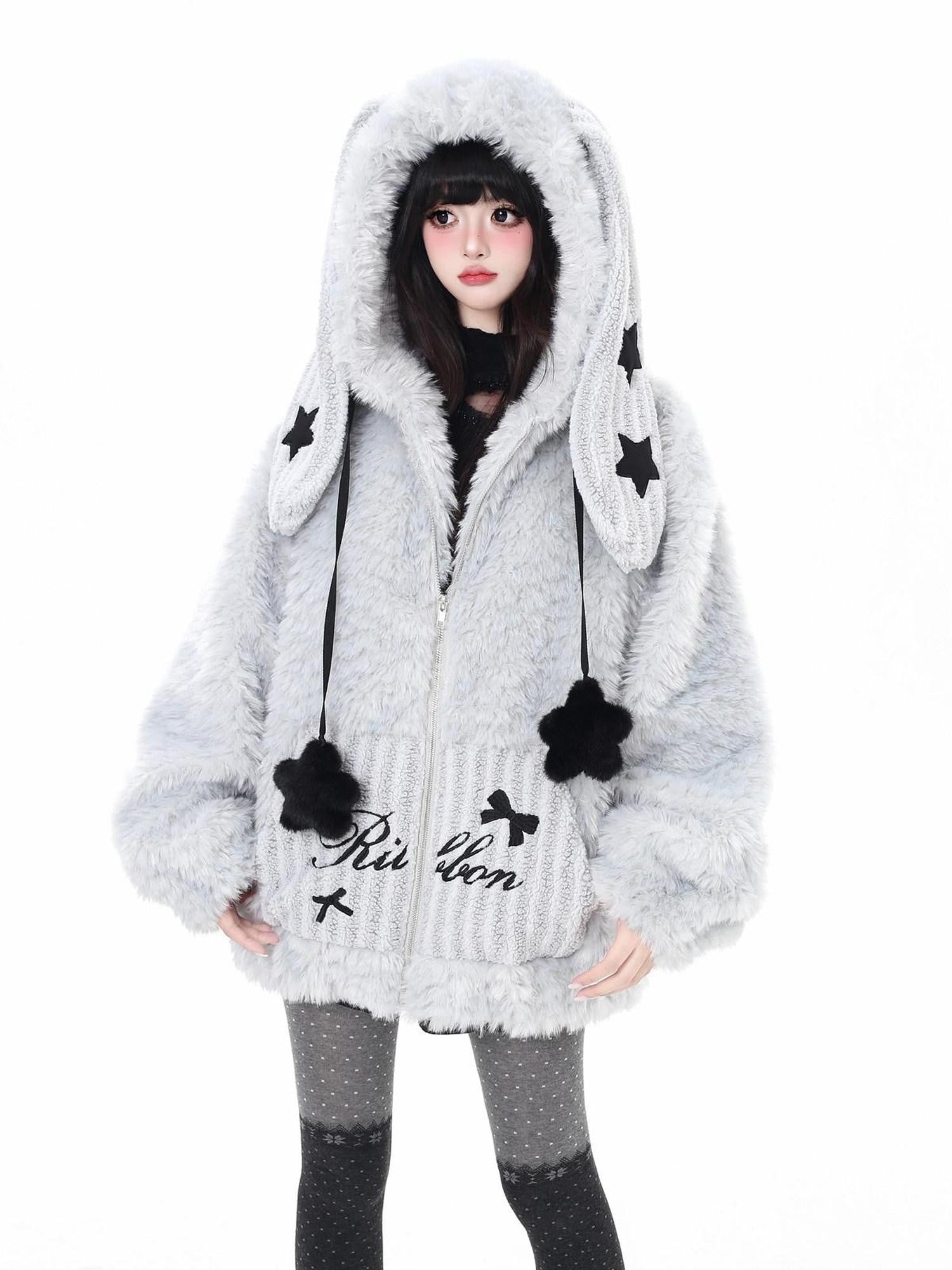 CRAZYGIRL Rabbit Ear Hood Star Print Women's Lamb Fleece Puffer Jackets