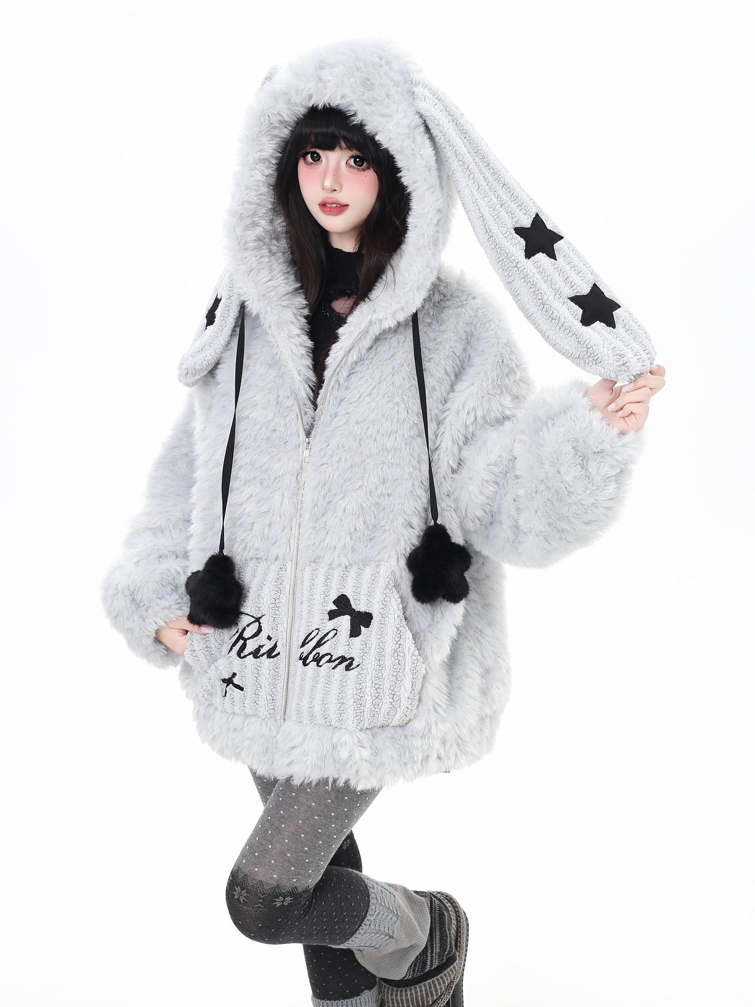 CRAZYGIRL Rabbit Ear Hood Star Print Women's Lamb Fleece Puffer Jackets