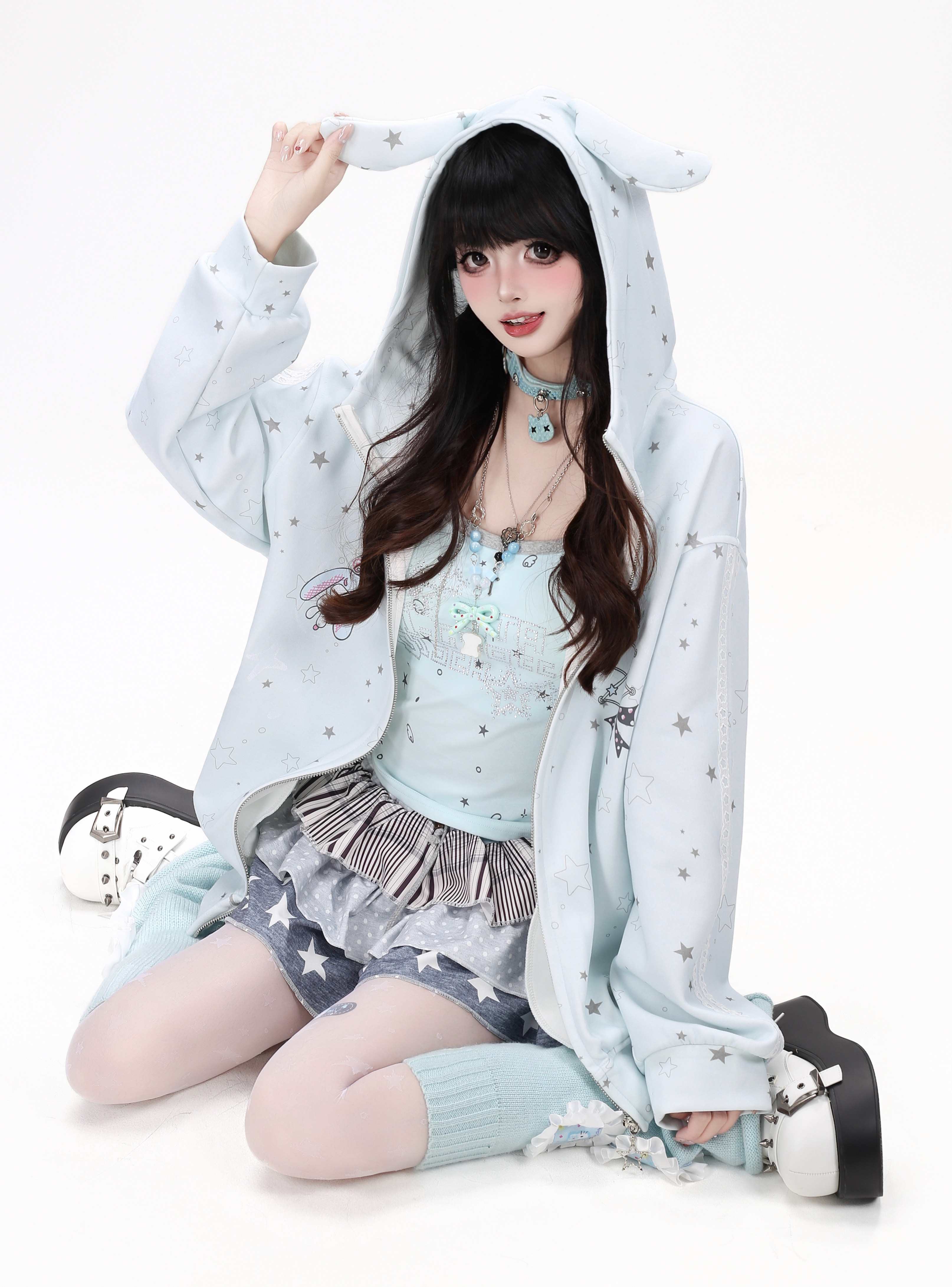 CRAZYGIRL_Rabbit_Ear_Star_Print_Zip_Hooded_Oversized_Loose_Women's_Hoodies_1061961831535_MISSTT