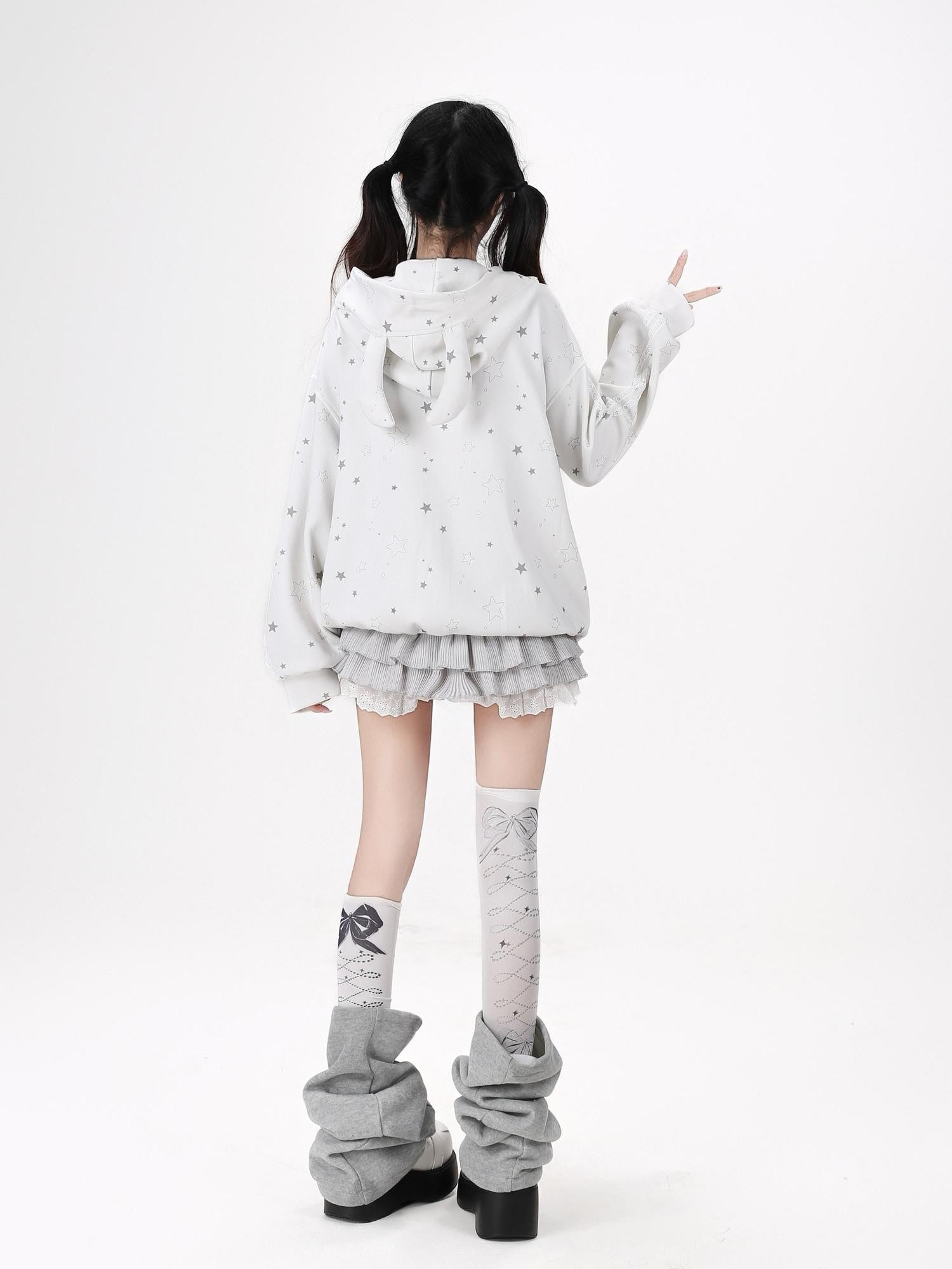 CRAZYGIRL Rabbit Ear Star Print Zip Hooded Oversized Loose Women's Hoodies