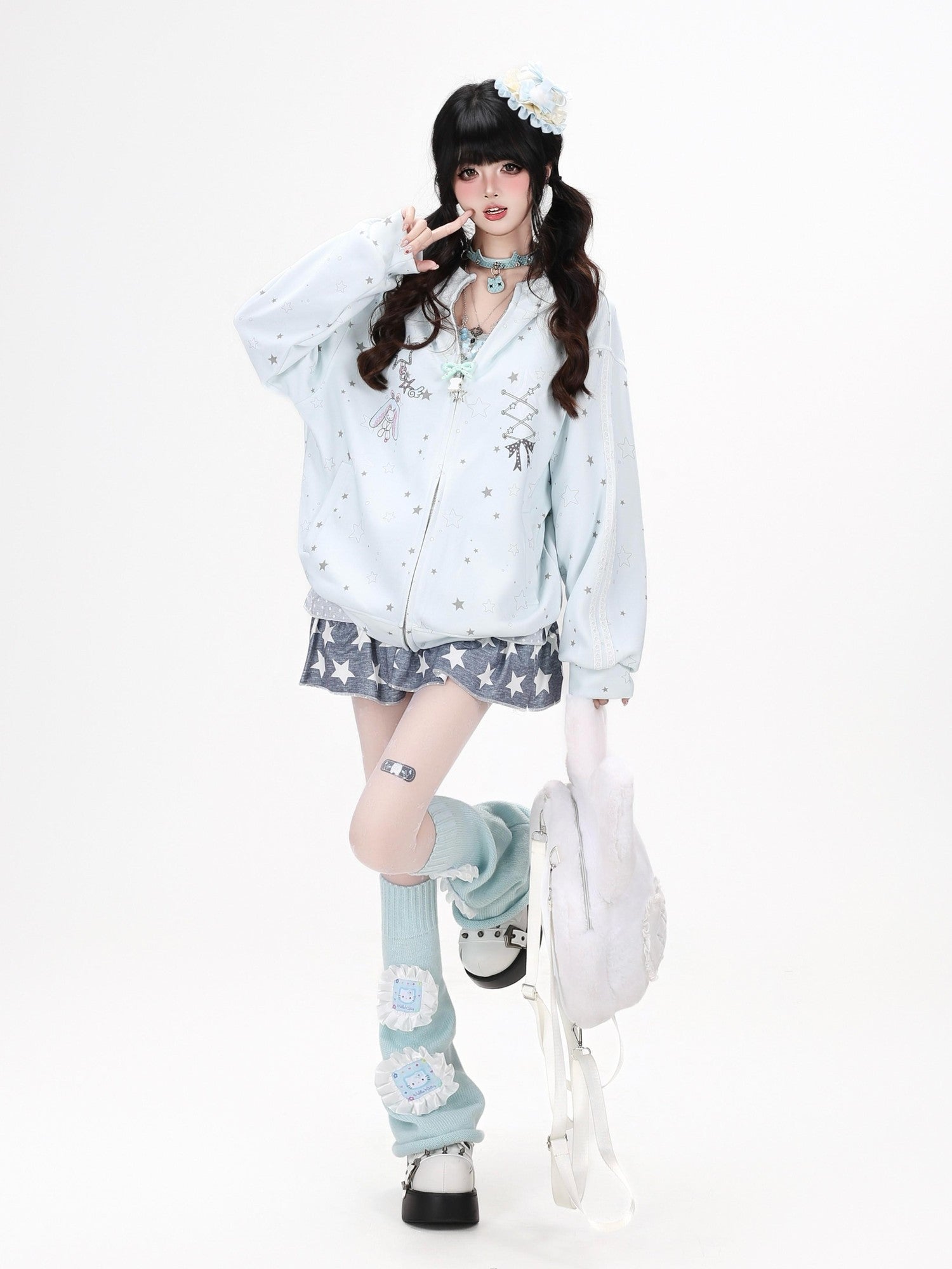 CRAZYGIRL Rabbit Ear Star Print Zip Hooded Oversized Loose Women's Hoodies