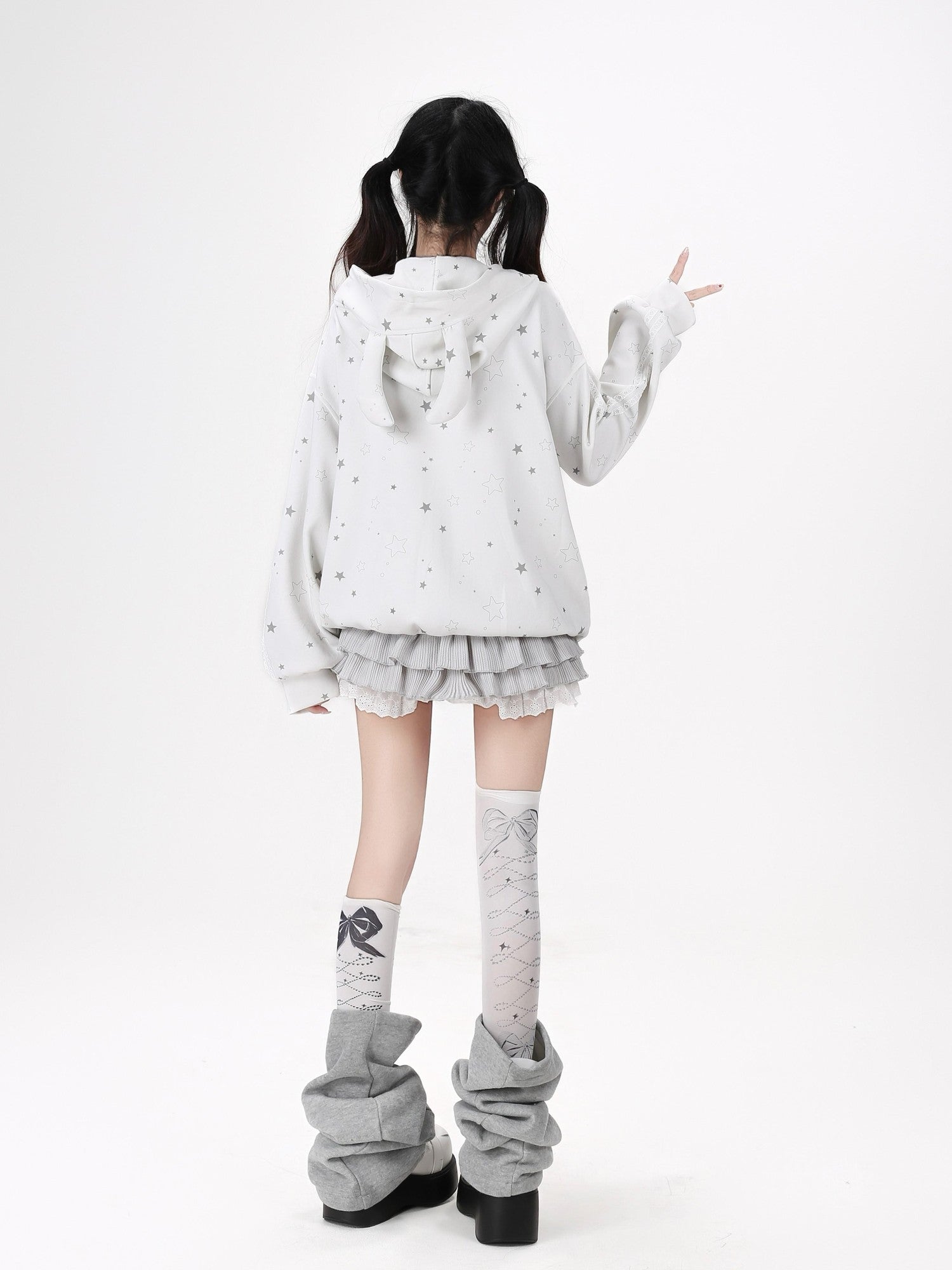 CRAZYGIRL Rabbit Ear Star Print Zip Hooded Oversized Loose Women's Hoodies