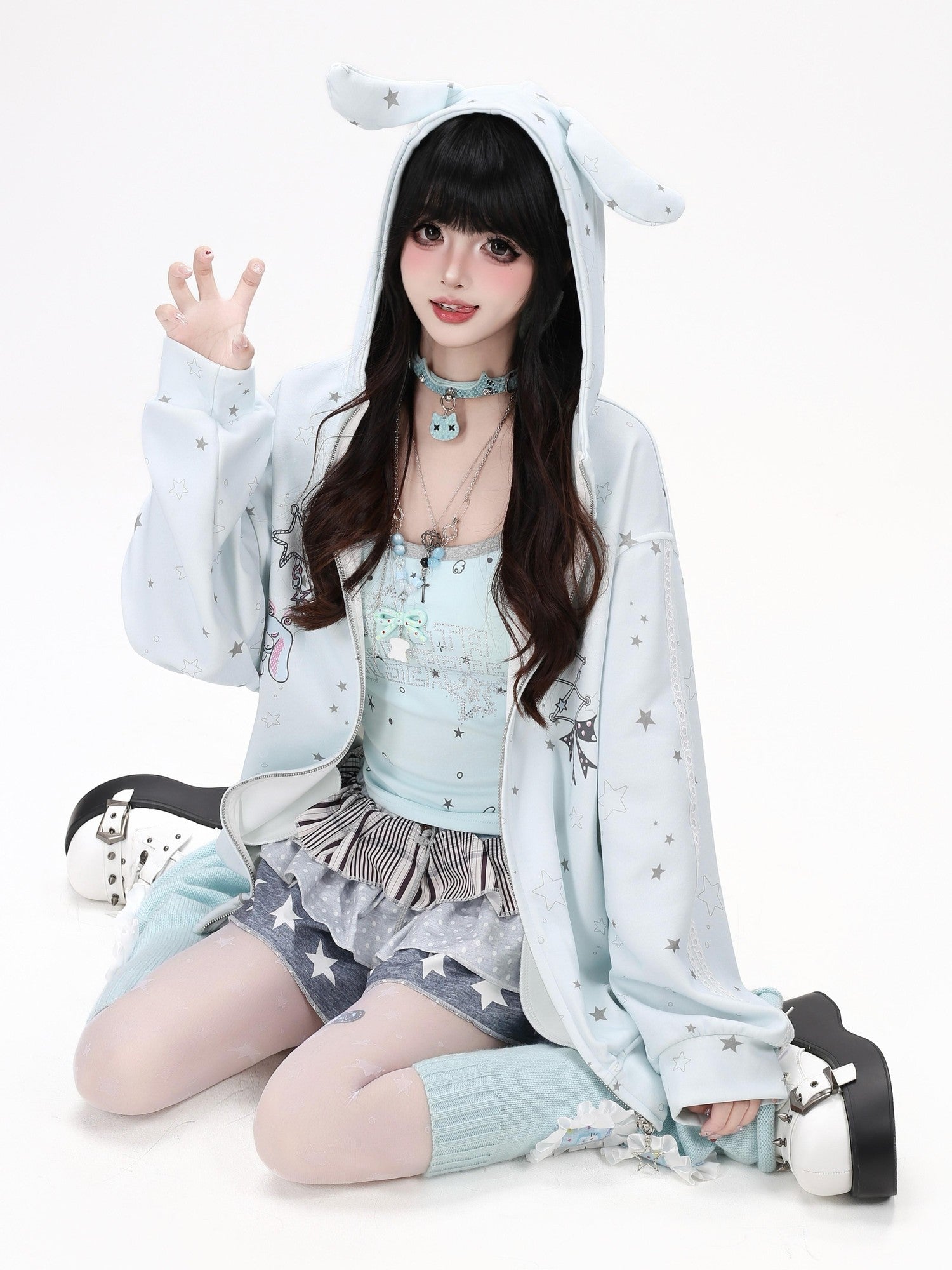 CRAZYGIRL Rabbit Ear Star Print Zip Hooded Oversized Loose Women's Hoodies