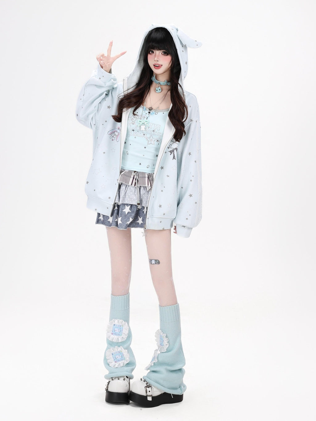 CRAZYGIRL Rabbit Ear Star Print Zip Hooded Oversized Loose Women's Hoodies