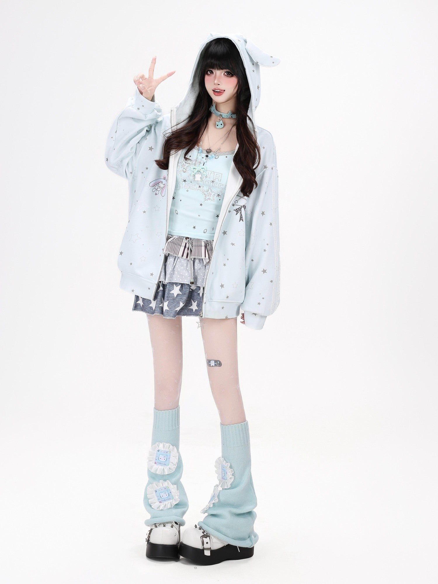 CRAZYGIRL Rabbit Ear Star Print Zip Hooded Oversized Loose Women's Hoodies