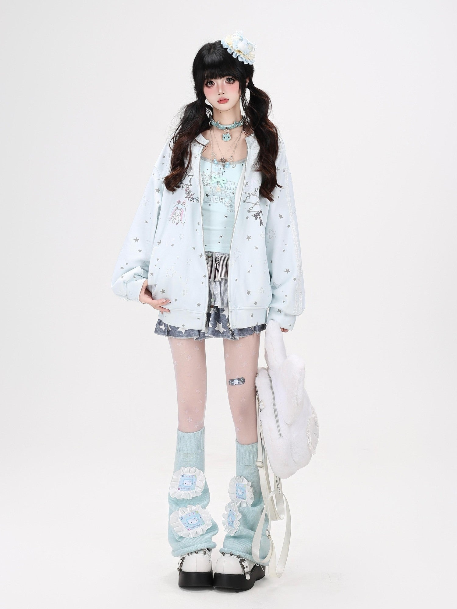 CRAZYGIRL Rabbit Ear Star Print Zip Hooded Oversized Loose Women's Hoodies