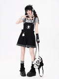 CRAZYGIRL Rabbit Embroidery Black White Check Loose Suspender Women's Short Trousers