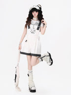 CRAZYGIRL Rabbit Embroidery Black White Check Loose Suspender Women's Short Trousers