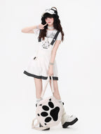 CRAZYGIRL Rabbit Embroidery Black White Check Loose Suspender Women's Short Trousers