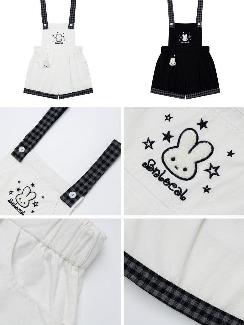 CRAZYGIRL Rabbit Embroidery Black White Check Loose Suspender Women's Short Trousers