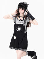 CRAZYGIRL Rabbit Embroidery Black White Check Loose Suspender Women's Short Trousers