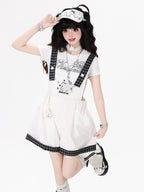 CRAZYGIRL Rabbit Embroidery Black White Check Loose Suspender Women's Short Trousers