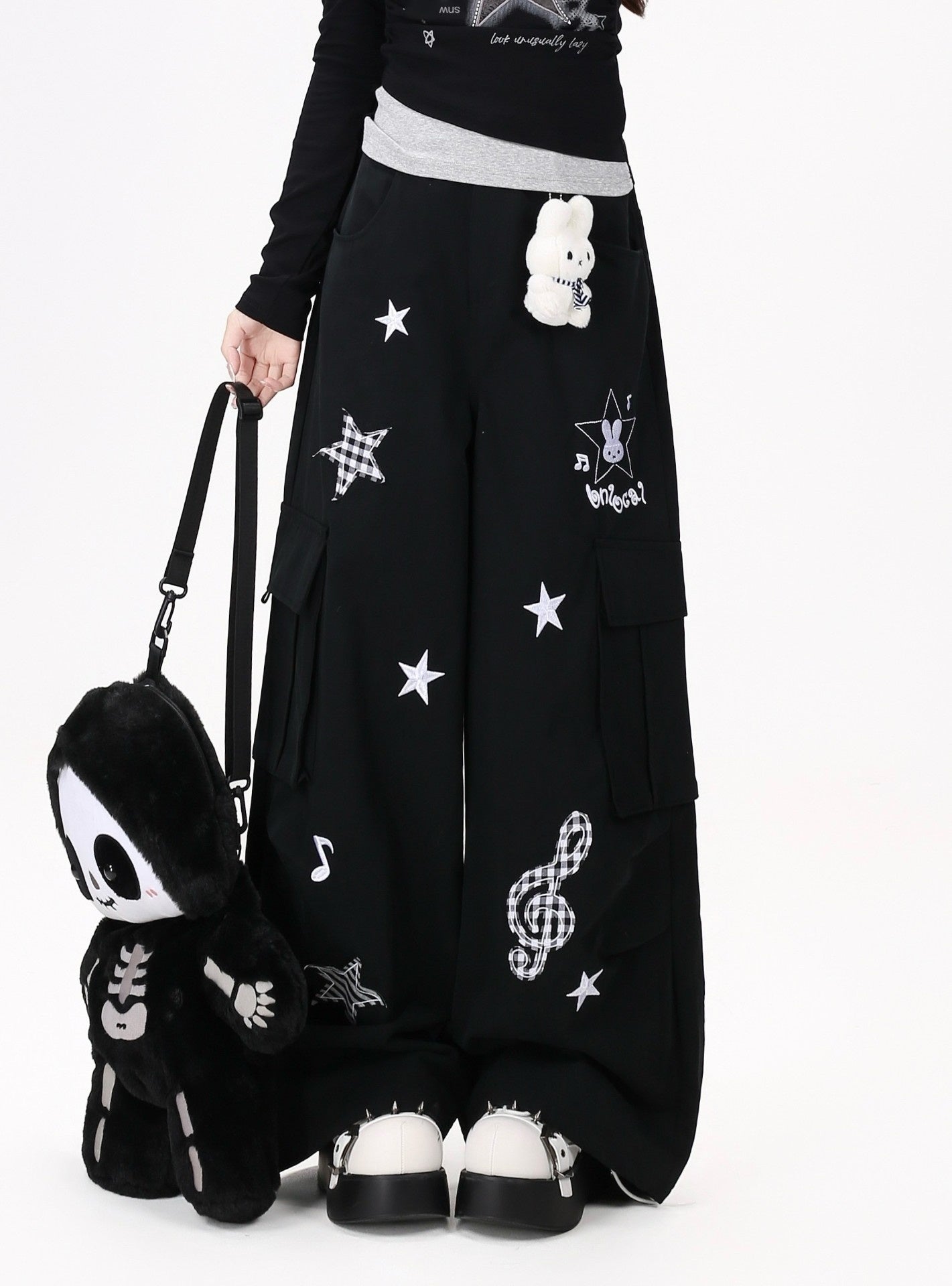 CRAZYGIRL_Rabbit_Pendant_Star_And_Music_Note_Embroidered_High_Waist_Women's_Chinos_1063214276790_MISSTT