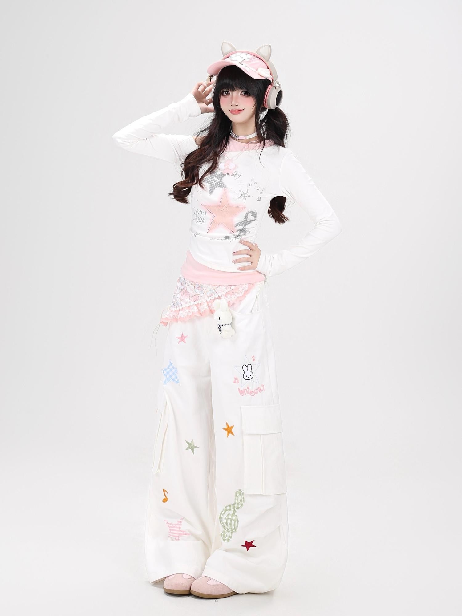 CRAZYGIRL Rabbit Pendant Star And Music Note Embroidered High Waist Women's Chinos