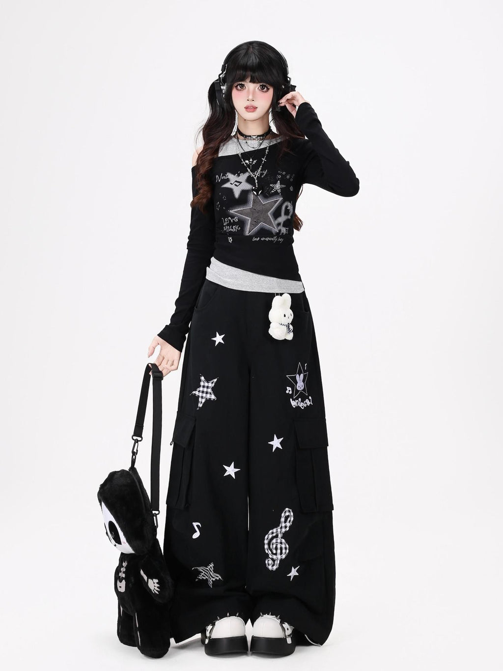 CRAZYGIRL Rabbit Pendant Star And Music Note Embroidered High Waist Women's Chinos