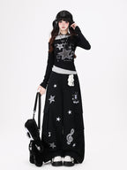 CRAZYGIRL Rabbit Pendant Star And Music Note Embroidered High Waist Women's Chinos