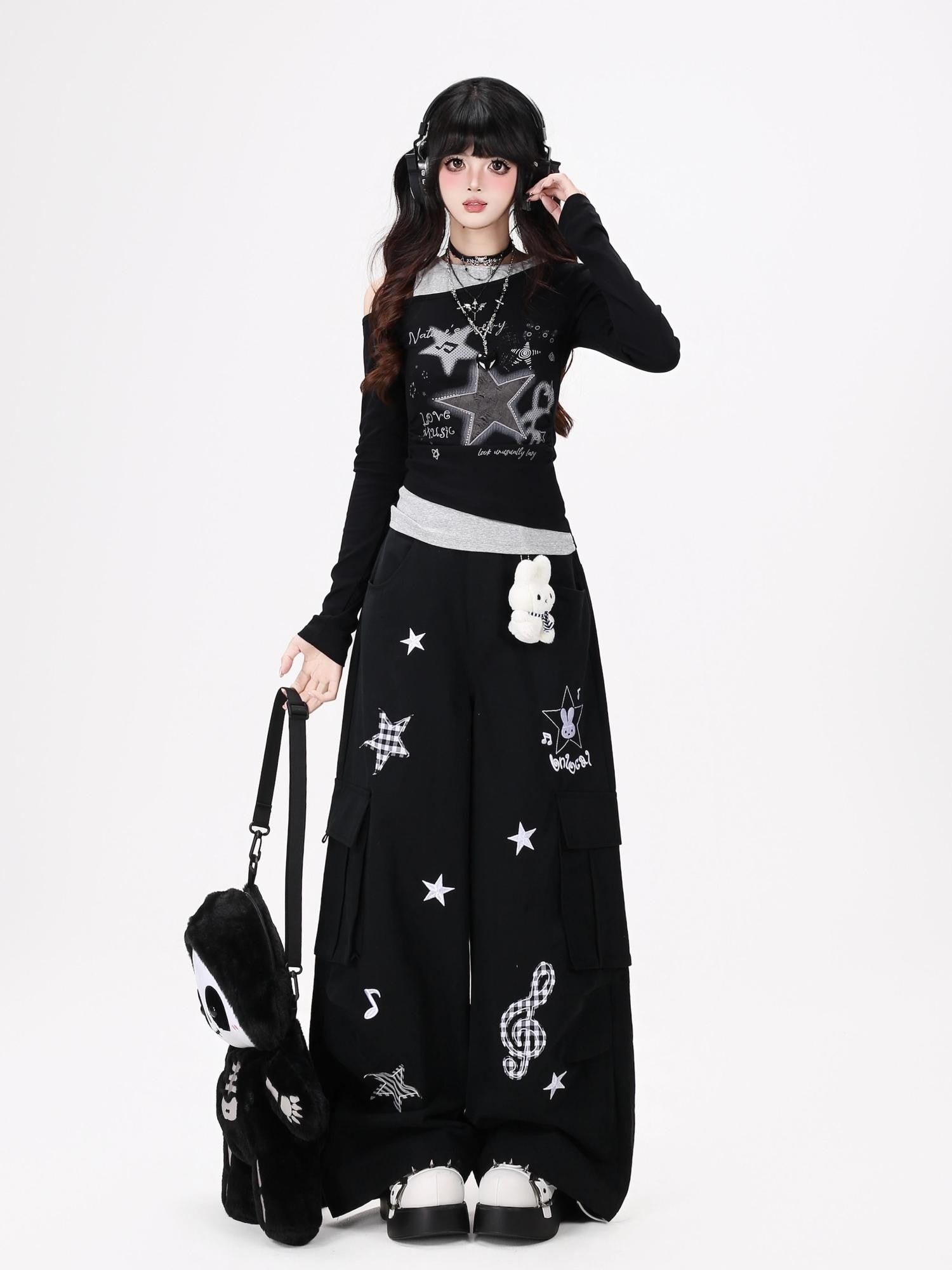 CRAZYGIRL Rabbit Pendant Star And Music Note Embroidered High Waist Women's Chinos