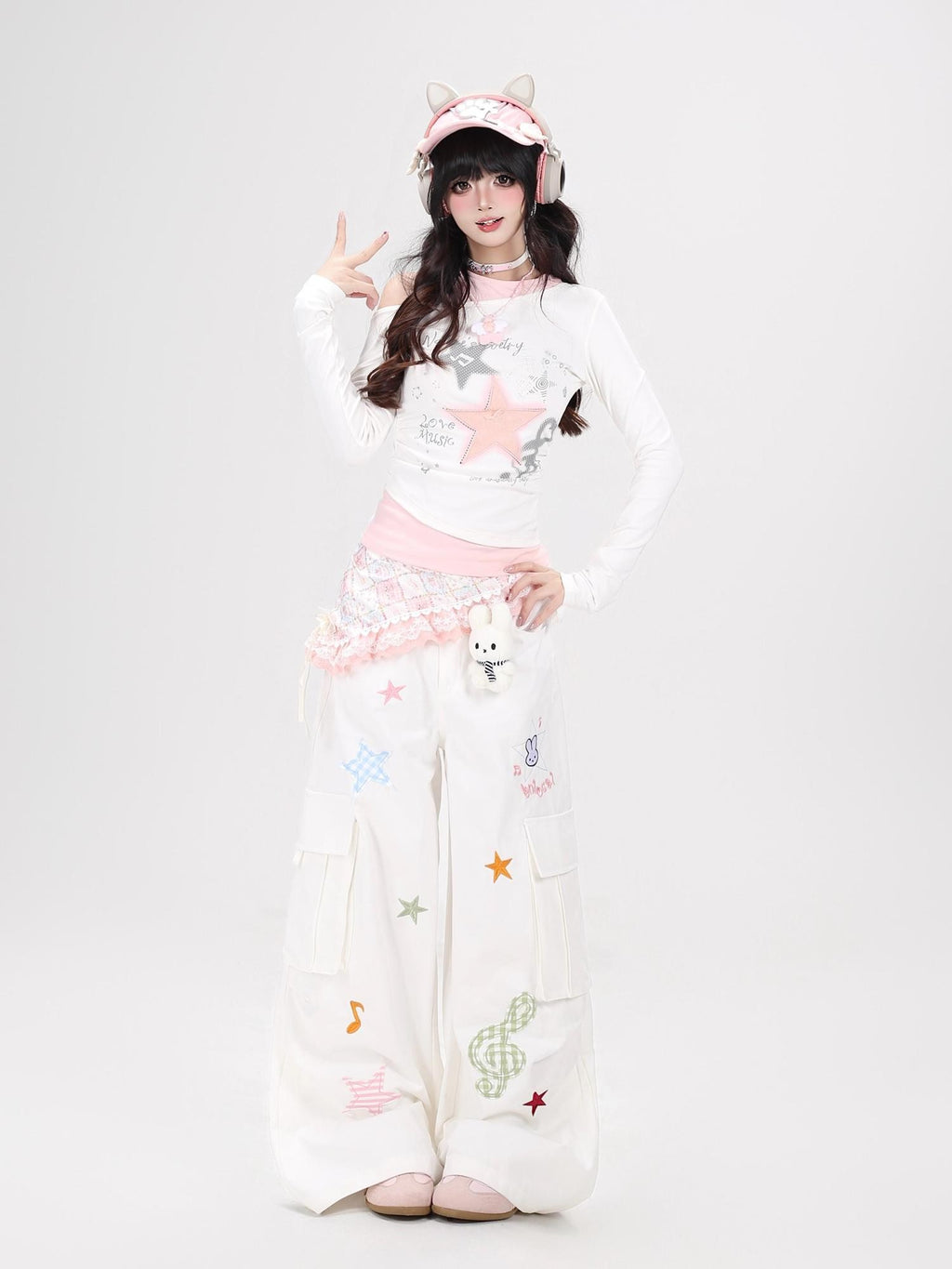 CRAZYGIRL Rabbit Pendant Star And Music Note Embroidered High Waist Women's Chinos