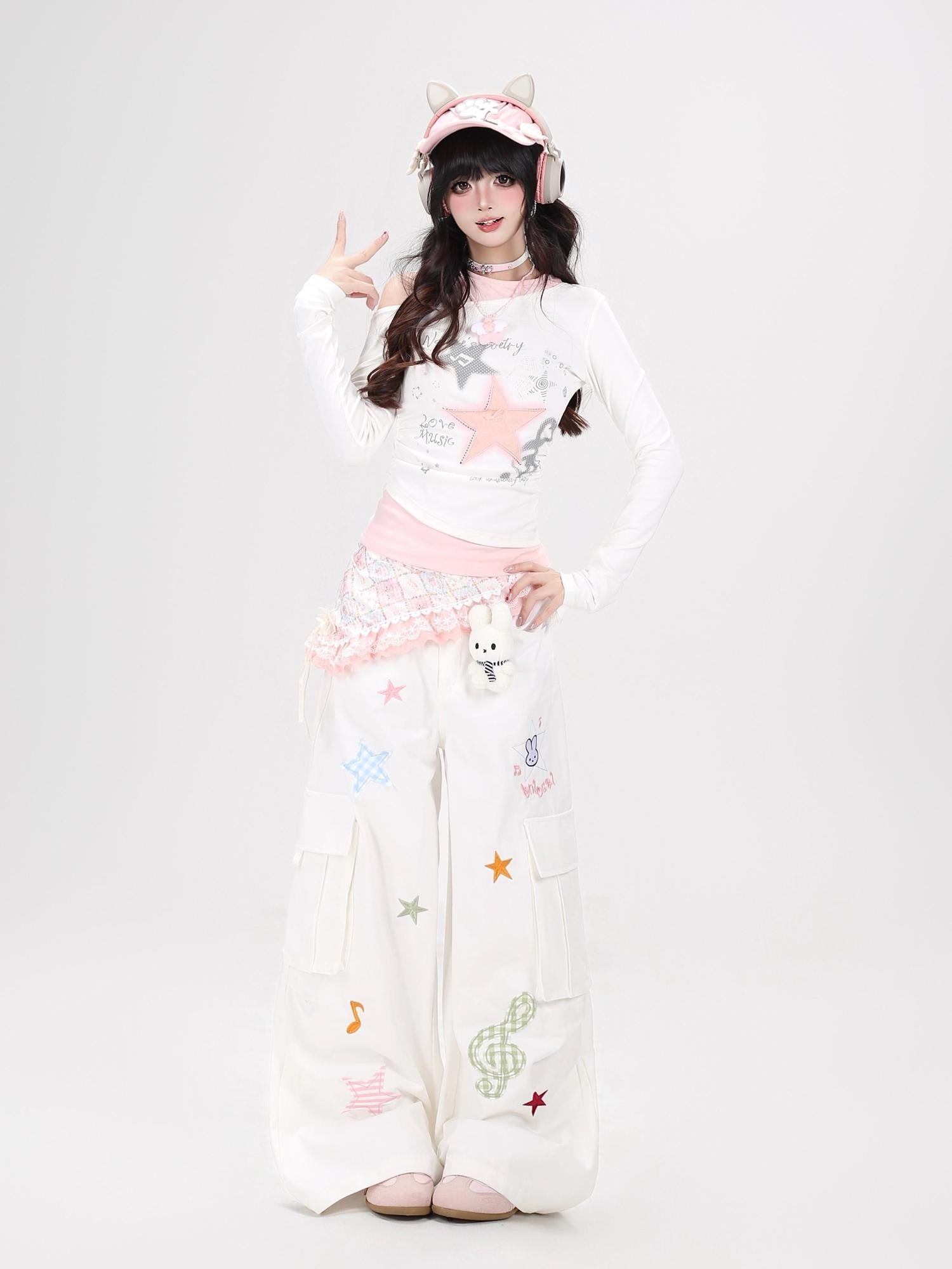 CRAZYGIRL Rabbit Pendant Star And Music Note Embroidered High Waist Women's Chinos