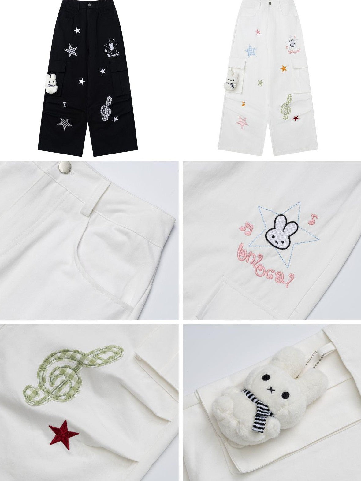 CRAZYGIRL Rabbit Pendant Star And Music Note Embroidered High Waist Women's Chinos
