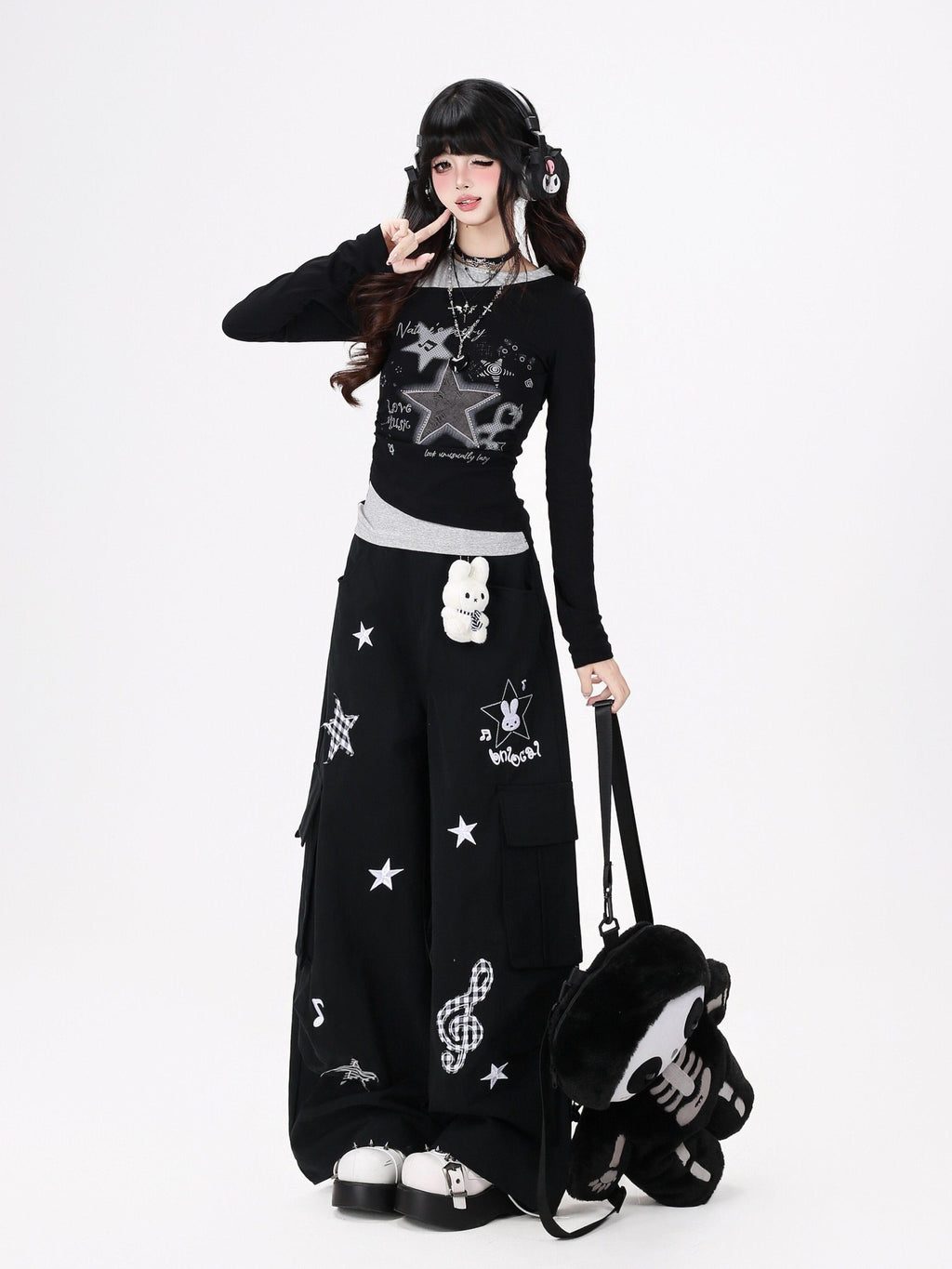 CRAZYGIRL Rabbit Pendant Star And Music Note Embroidered High Waist Women's Chinos