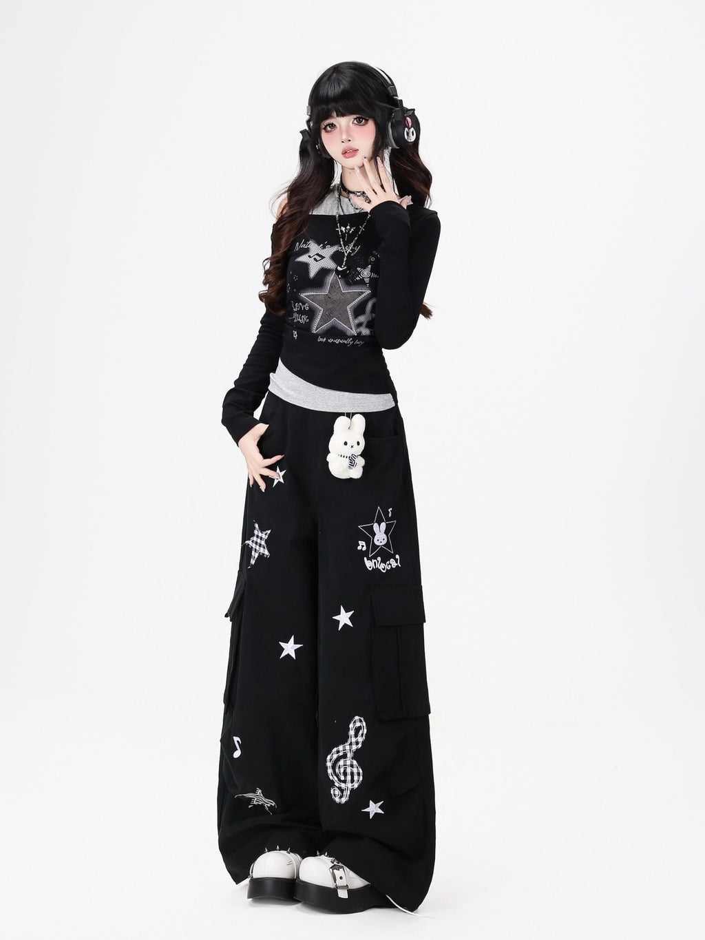 CRAZYGIRL Rabbit Pendant Star And Music Note Embroidered High Waist Women's Chinos