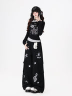 CRAZYGIRL Rabbit Pendant Star And Music Note Embroidered High Waist Women's Chinos