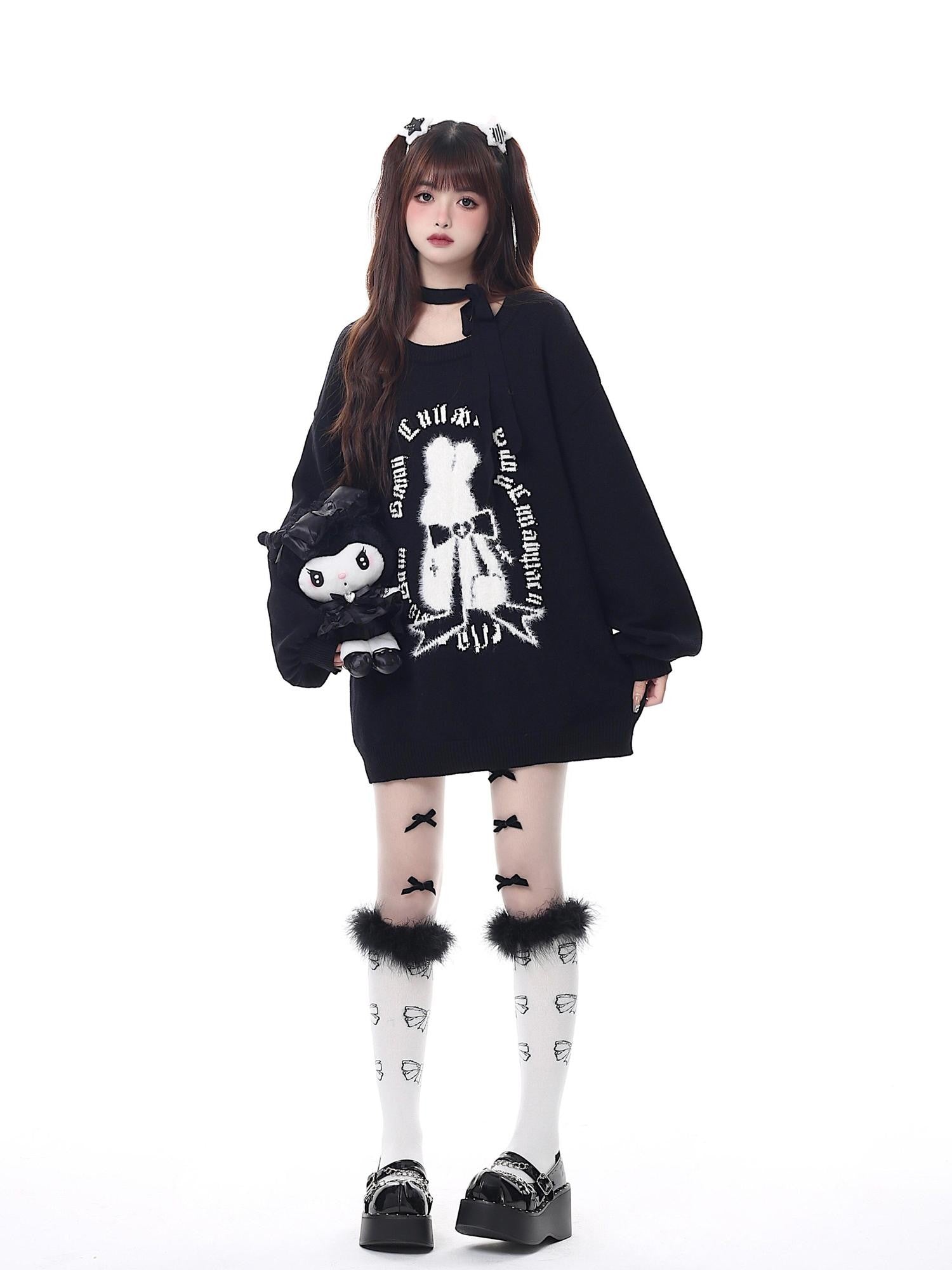 CRAZYGIRL Rabbit Print Lantern Sleeve Pullover Round Neck Women's Sweaters
