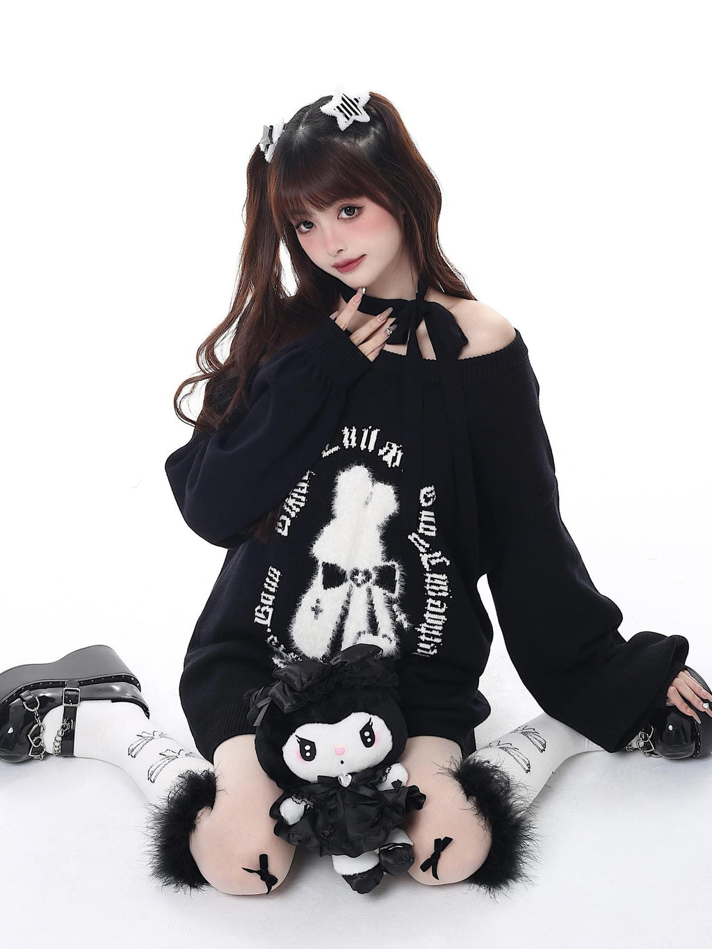 CRAZYGIRL Rabbit Print Lantern Sleeve Pullover Round Neck Women's Sweaters