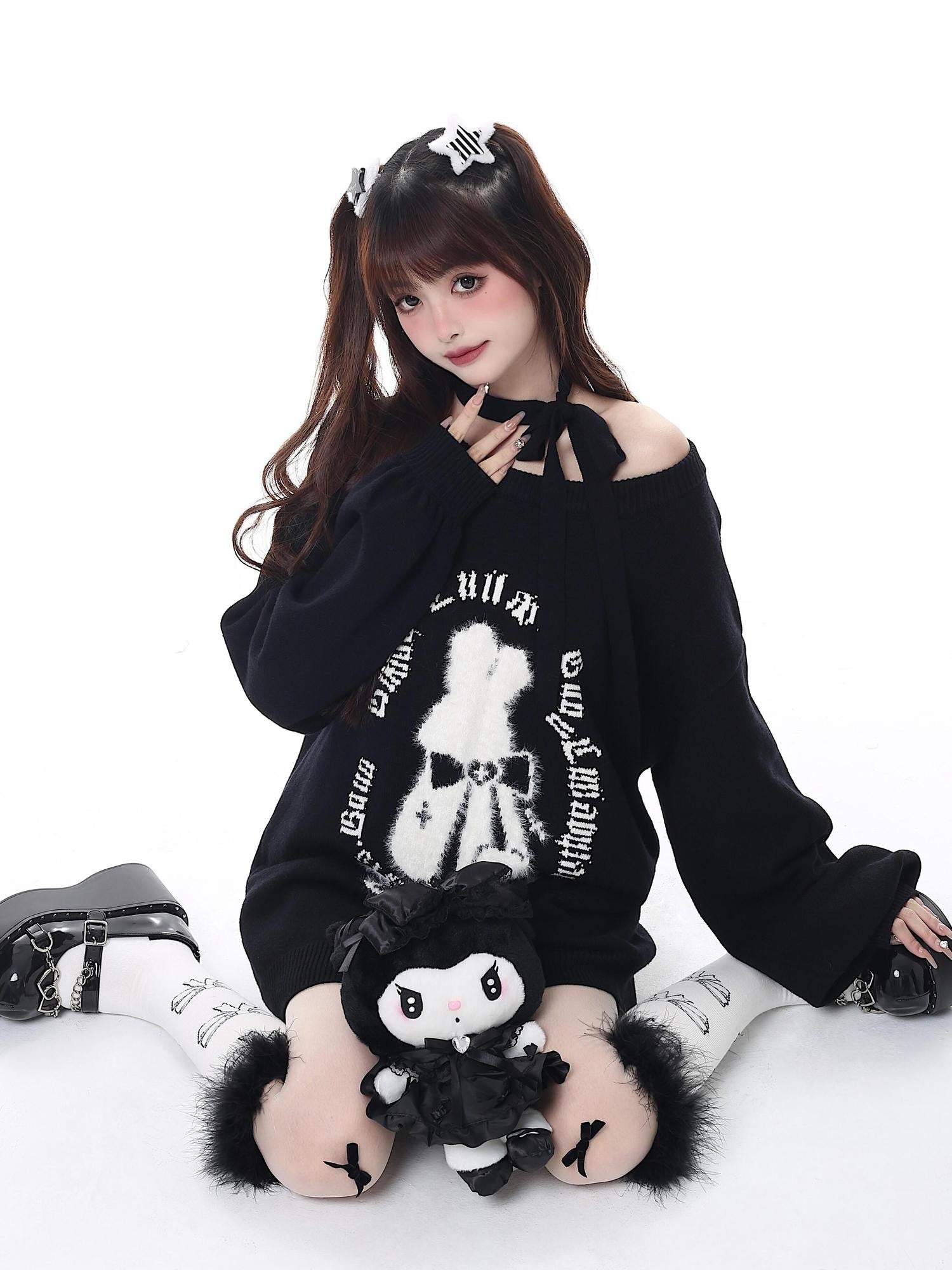 CRAZYGIRL Rabbit Print Lantern Sleeve Pullover Round Neck Women's Sweaters
