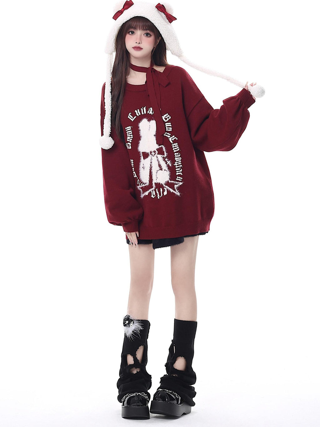 CRAZYGIRL Rabbit Print Lantern Sleeve Pullover Round Neck Women's Sweaters