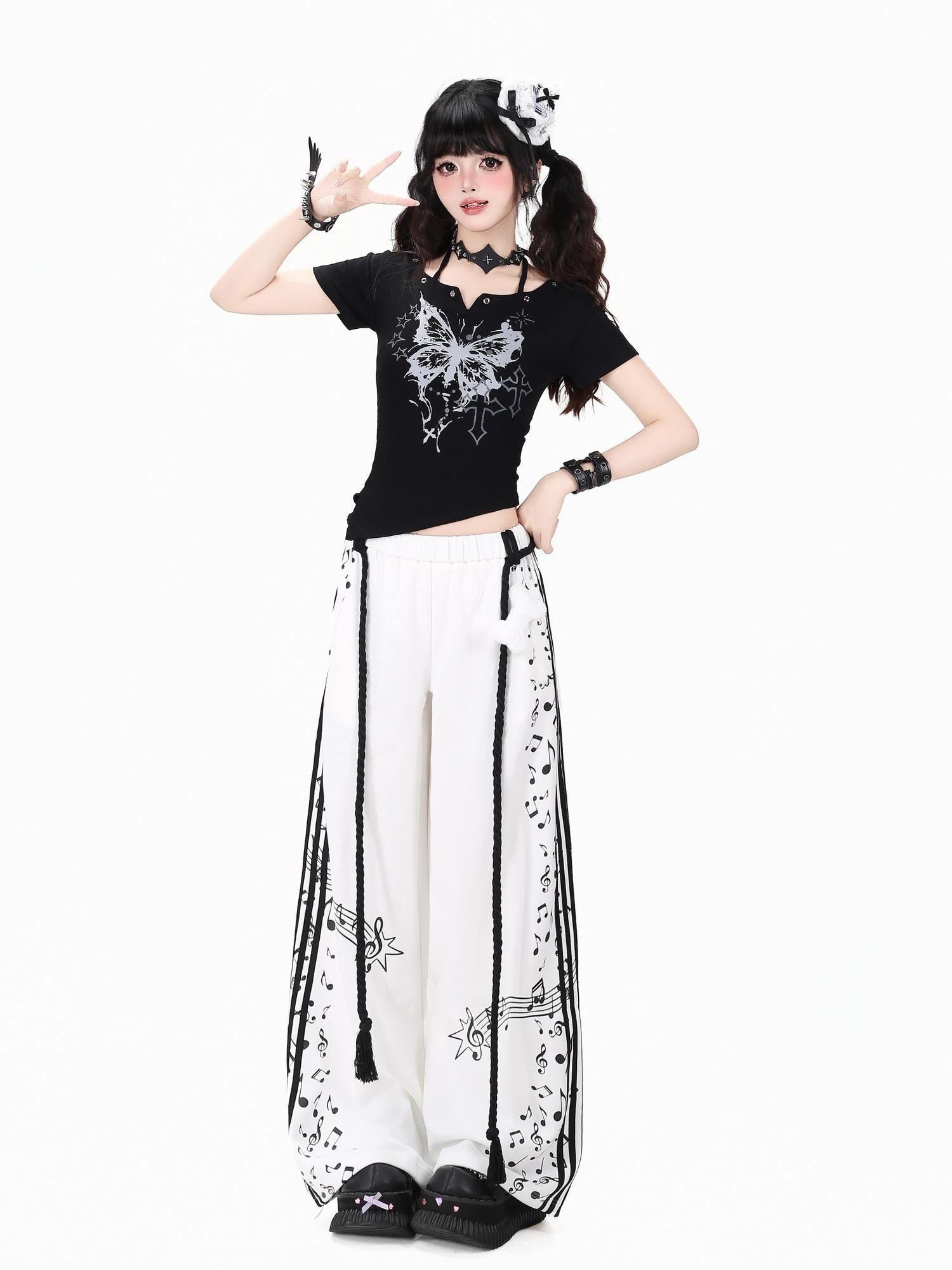 CRAZYGIRL Retro Music Note Colorblock Striped Women's High Waist Other Sweatpants/joggers