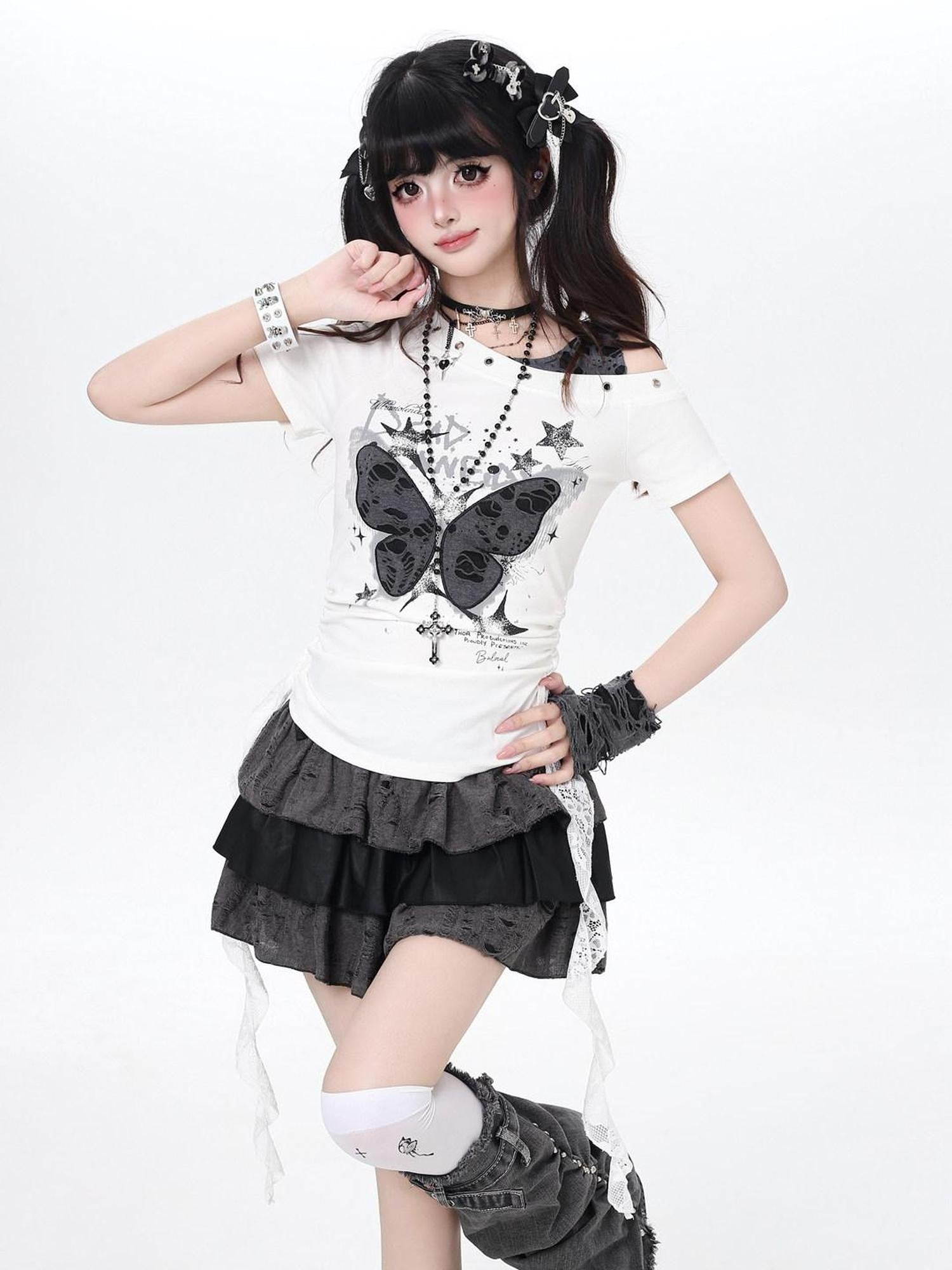 CRAZYGIRL Ripped Butterfly Off Shoulder Spliced Women's Slim Short Sleeve T-shirts