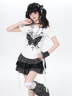 CRAZYGIRL Ripped Butterfly Off Shoulder Spliced Women's Slim Short Sleeve T-shirts