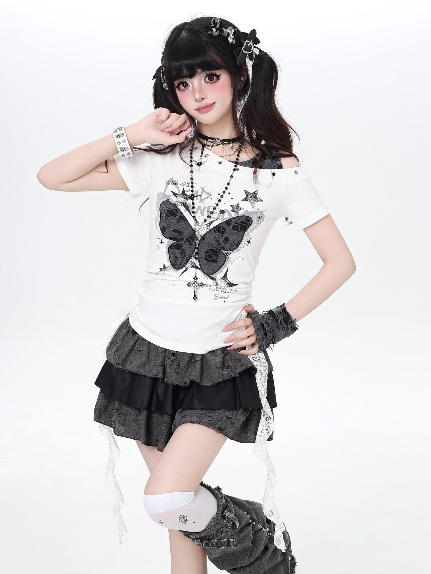 CRAZYGIRL Ripped Butterfly Off Shoulder Spliced Women's Slim Short Sleeve T-shirts