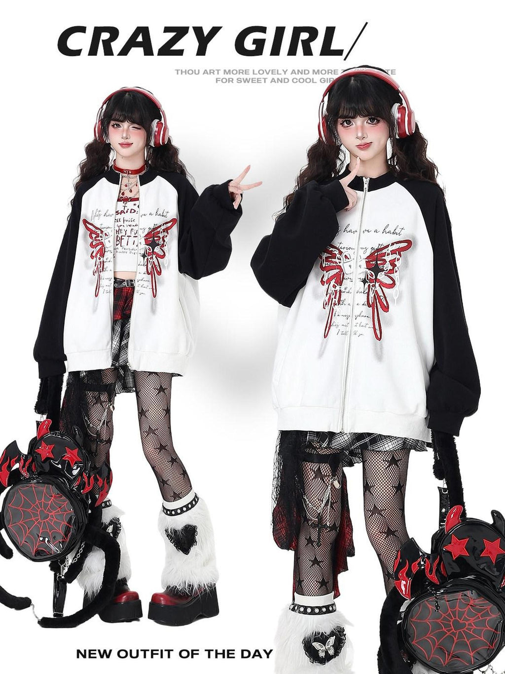 CRAZYGIRL Rose Butterfly Embroidery High Neck Black White Contrast Women's Casual Jackets