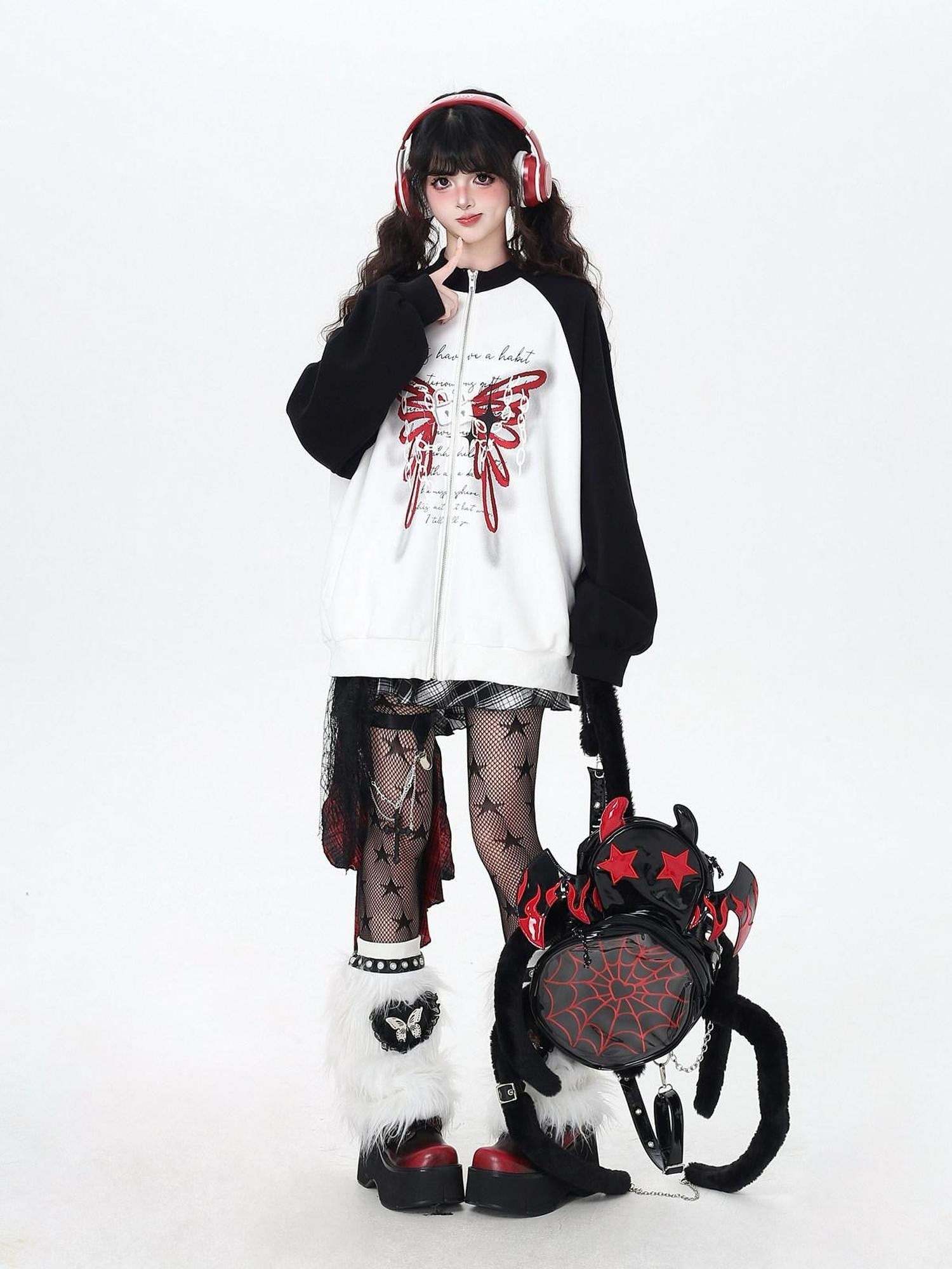 CRAZYGIRL Rose Butterfly Embroidery High Neck Black White Contrast Women's Casual Jackets
